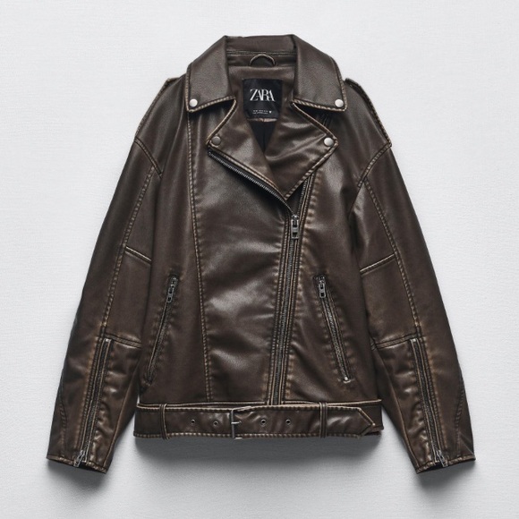 ZARA Chocolate Brown Biker Leather Zip Jacket sz Medium - Picture 1 of 11